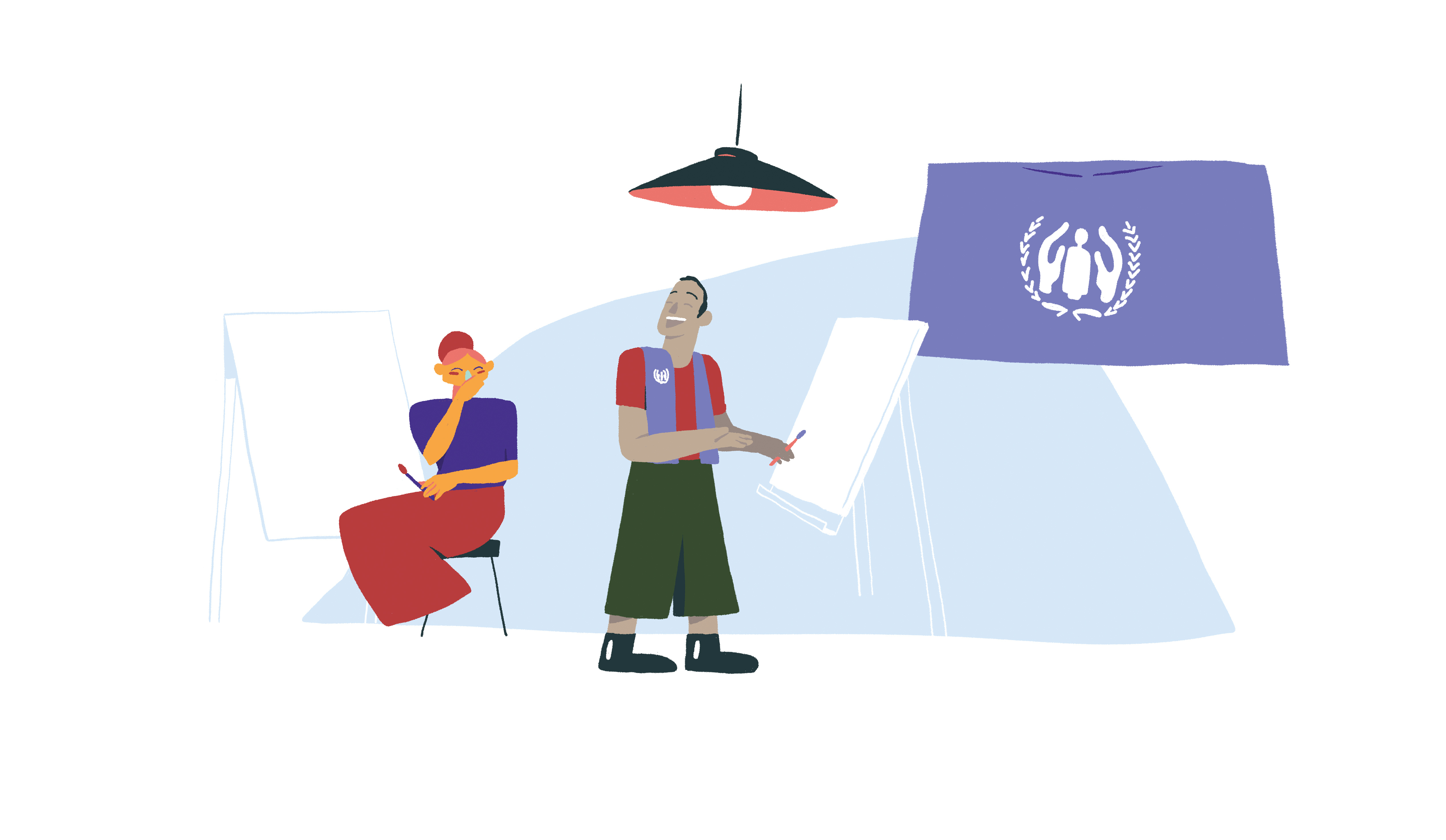 Illustration of a woman and a man talking together.