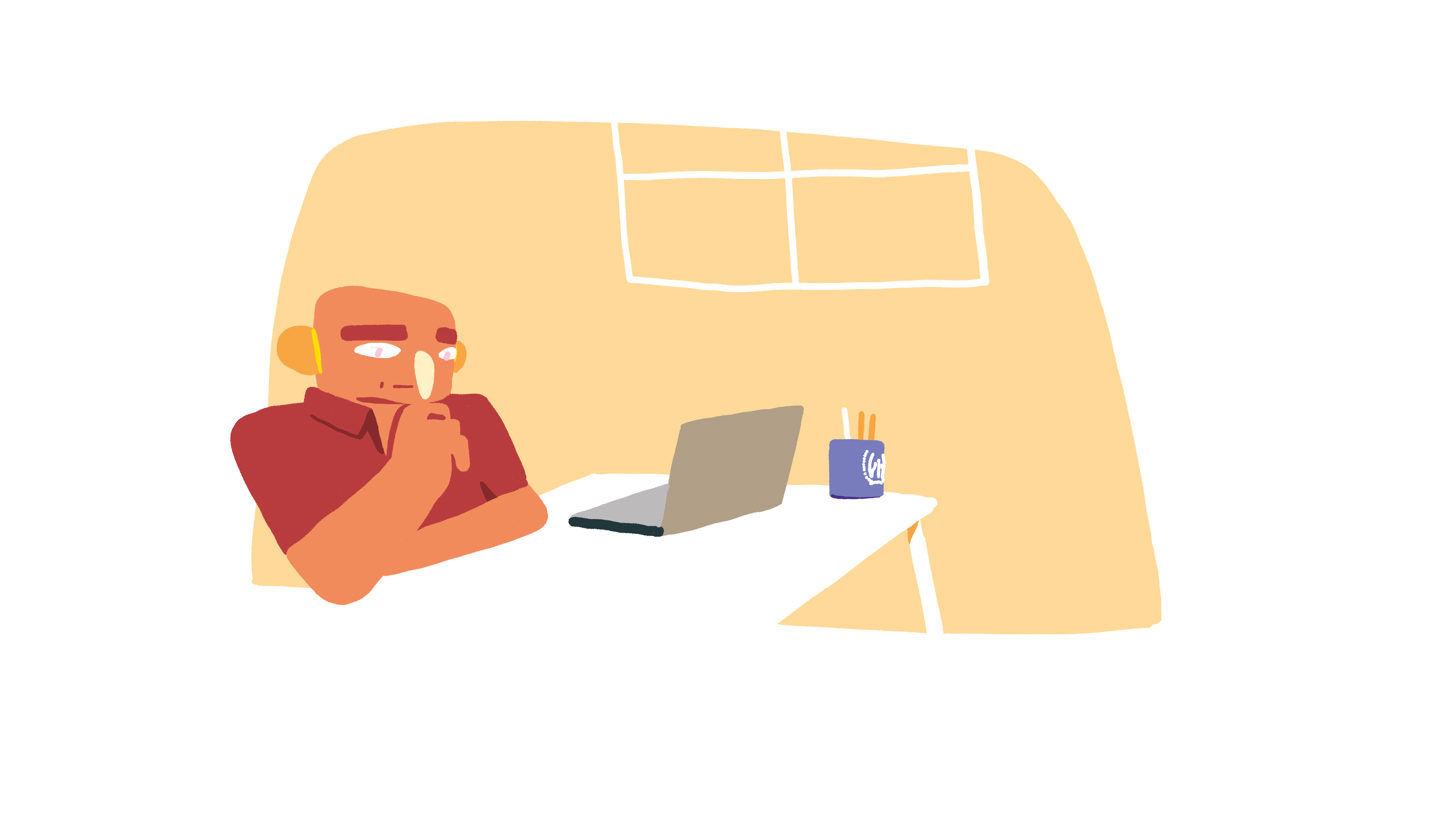 Illustration of a person sitting at their desk and working on a laptop.