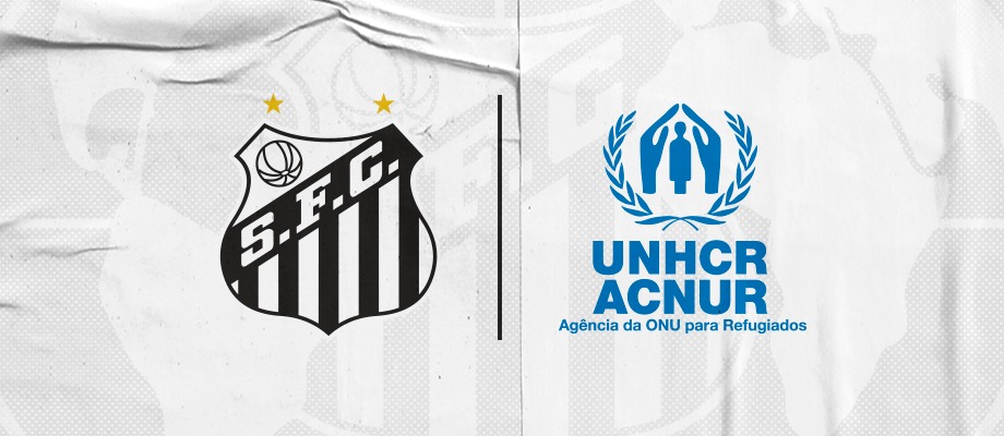Logotipo del club Santos FC en negro y el de ACNUR en azul