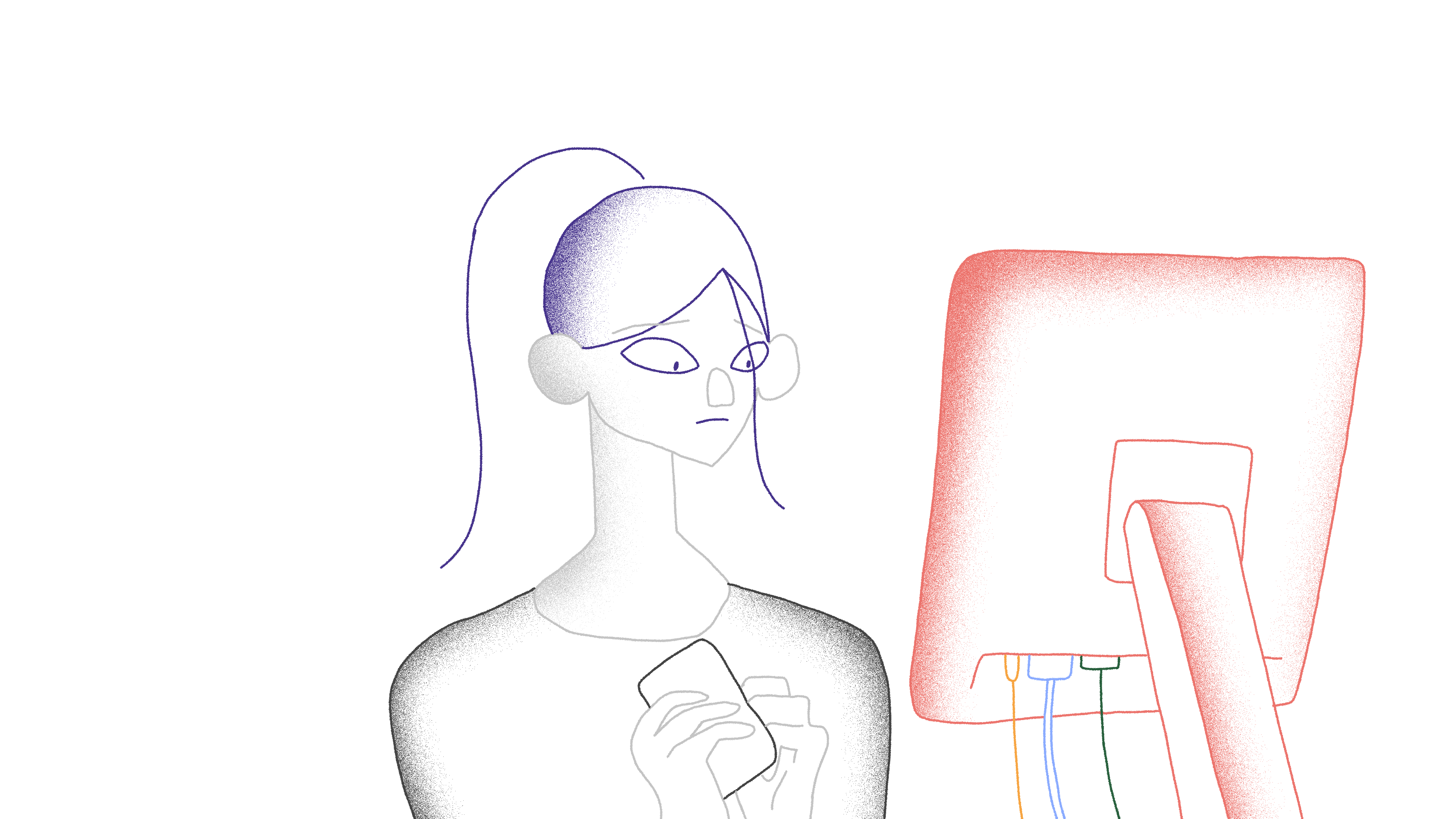 Illustration of a woman in front of her laptop.