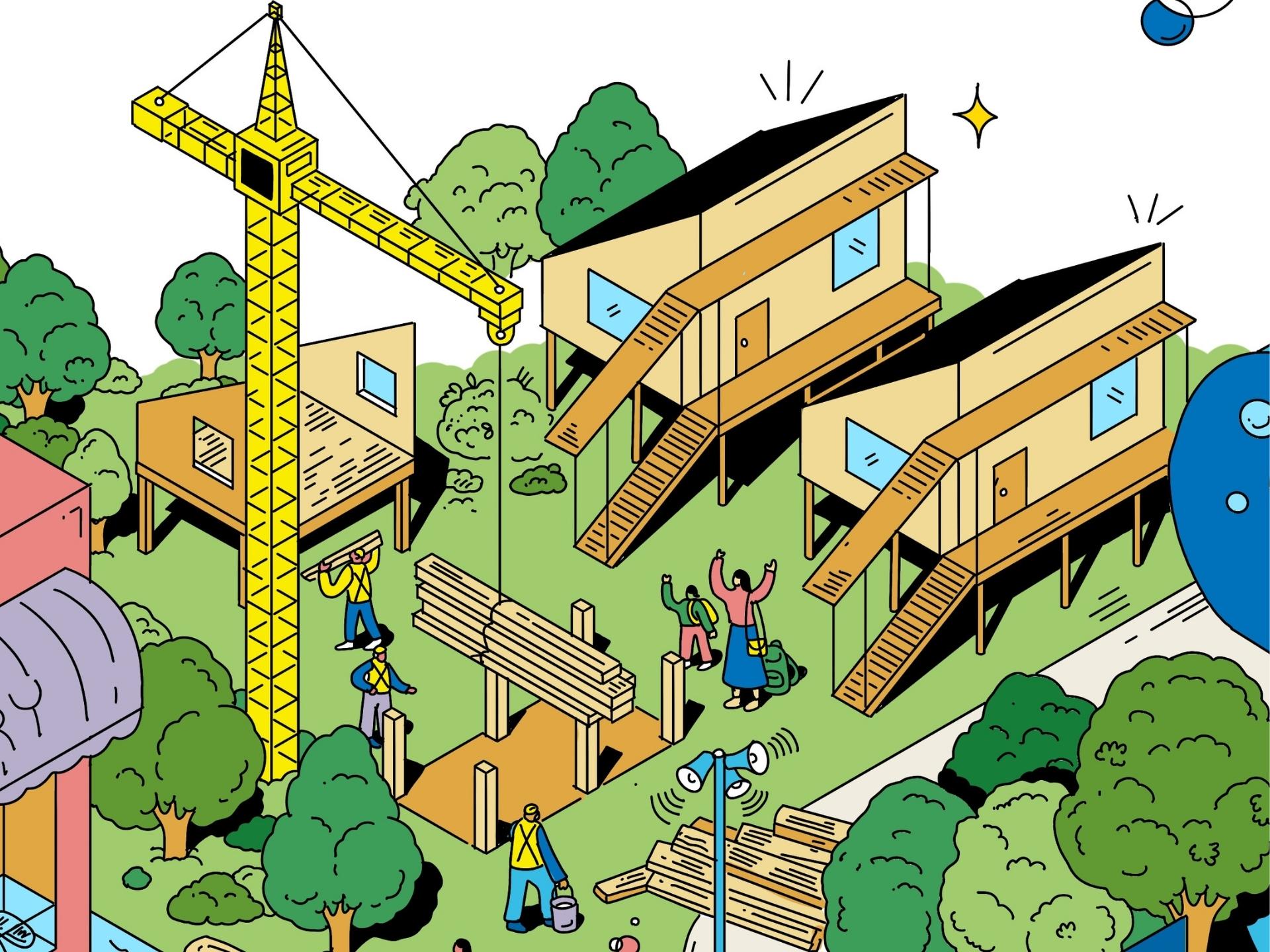 Ilustración de pequeñas casas en construcción.