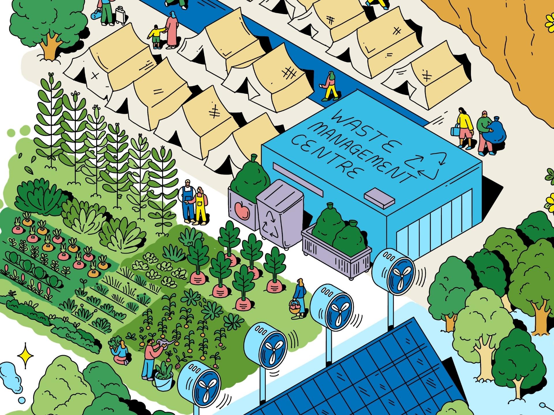 Ilustración de un centro de gestión de residuos.