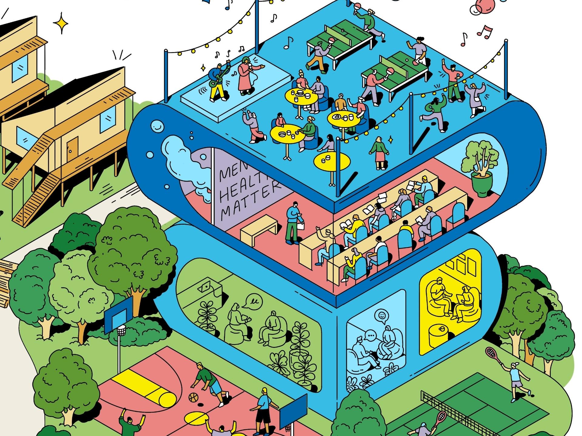 Ilustración de una azotea donde las personas cantan y bailan juntas. Debajo de ellas hay un aula, en la pizarra se lee “La salud mental importa”.