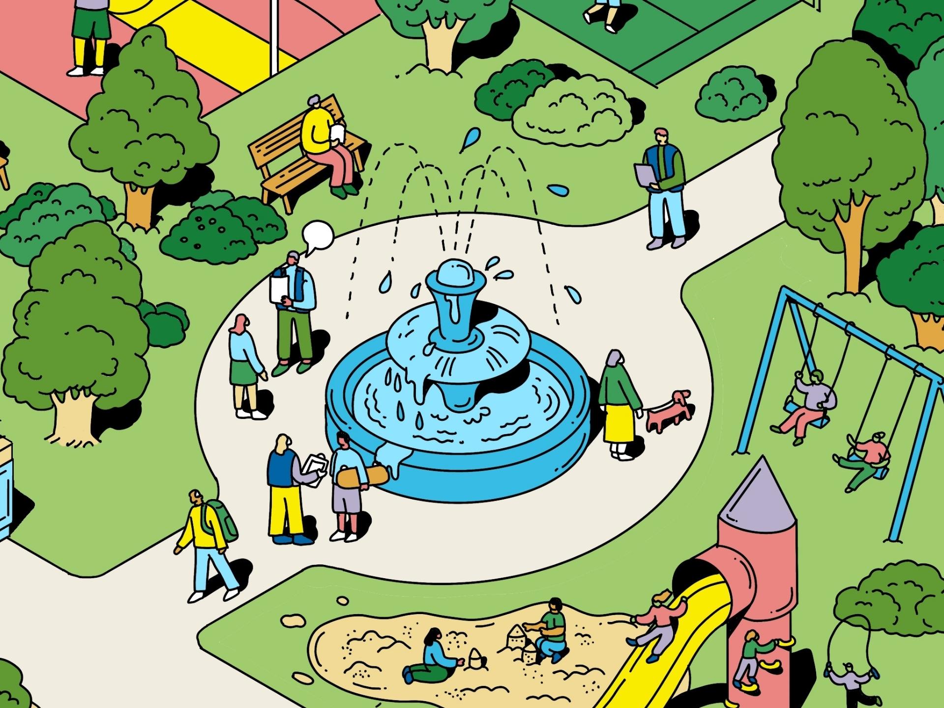 Ilustración de una fuente en medio de un parque. Personas pasean y se sientan a su alrededor.