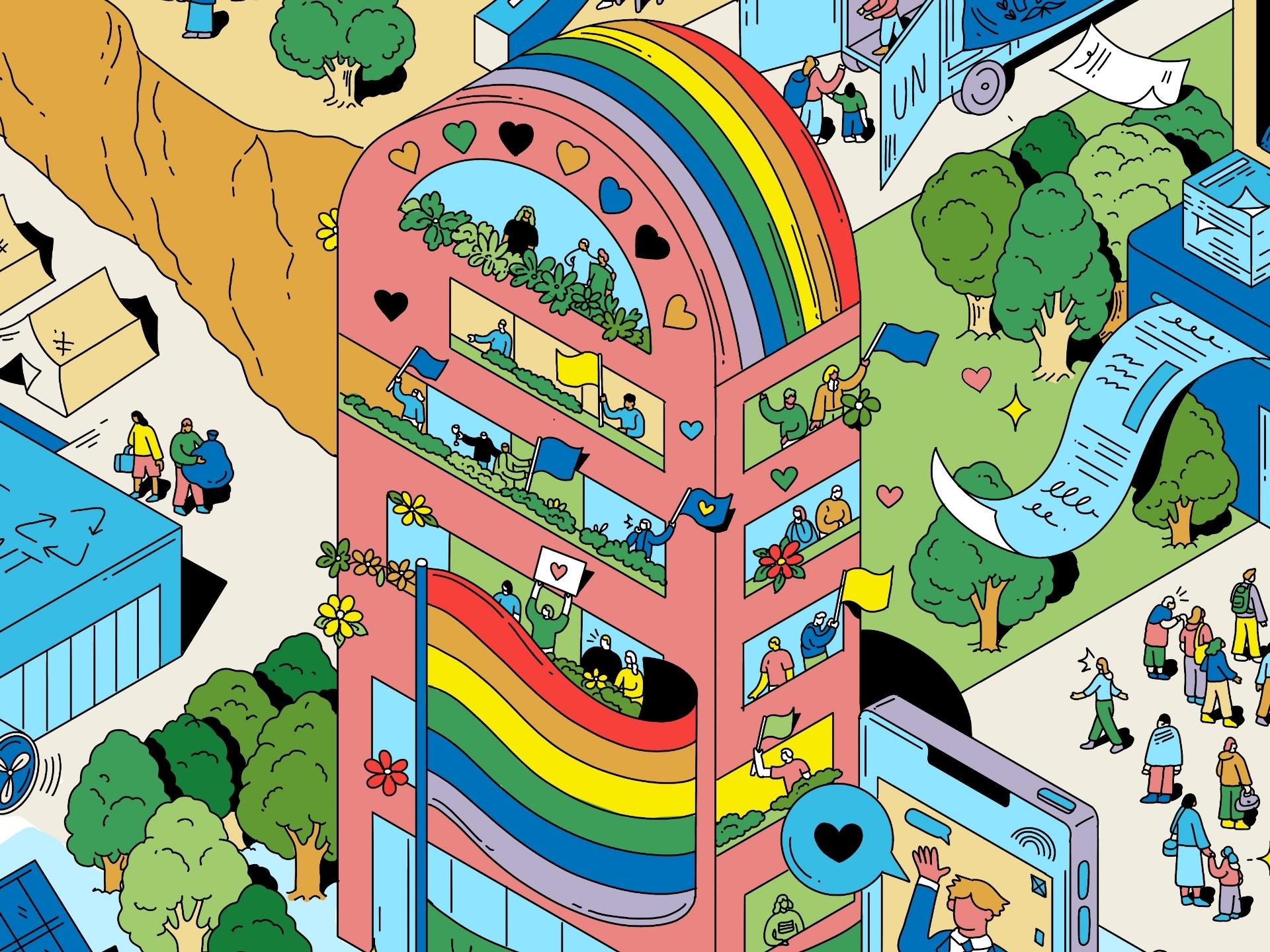 Ilustración de un colorido edificio. Sus residentes ondean varias banderas desde sus balcones.