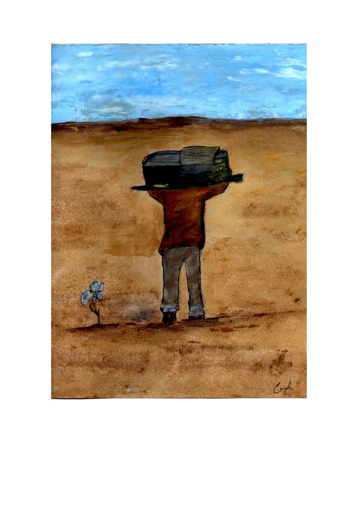 Ilustración hecha a mano que muestra a una persona en un desierto cargando una valija sobre la espalda