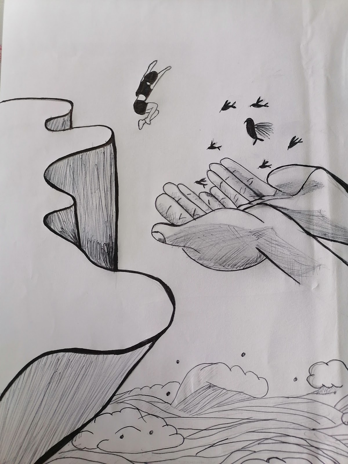Ilustración hecha a mano que muestra un acantilado, una persona saltando al vacío, un grupo de pájaros y un par de manos como recibiendo a la persona que salta
