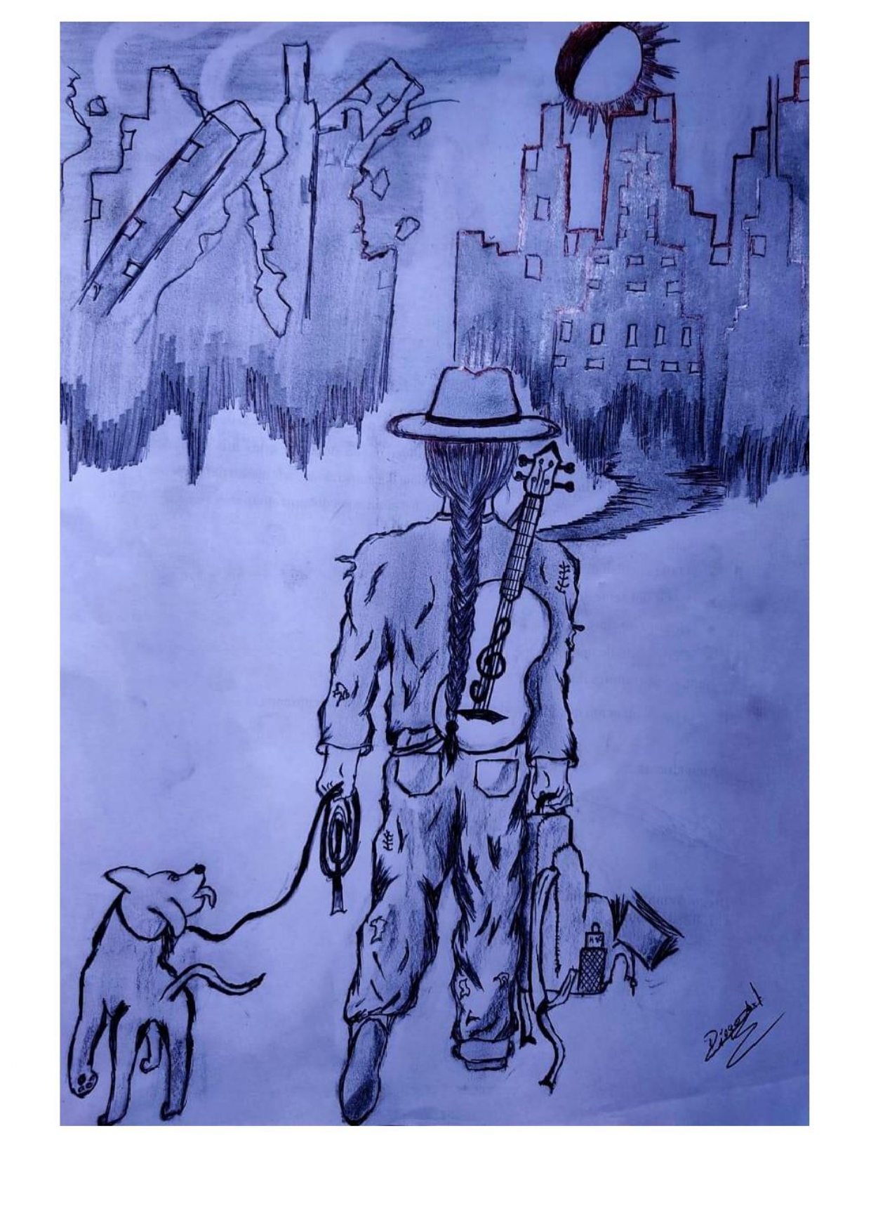 Ilustración hecha a mano que muestra a una persona que, con una guitarra en la espalda, sostiene la correa de un perro que camina a su lado mientras llegan a una ciudad repleta de edificios al fondo