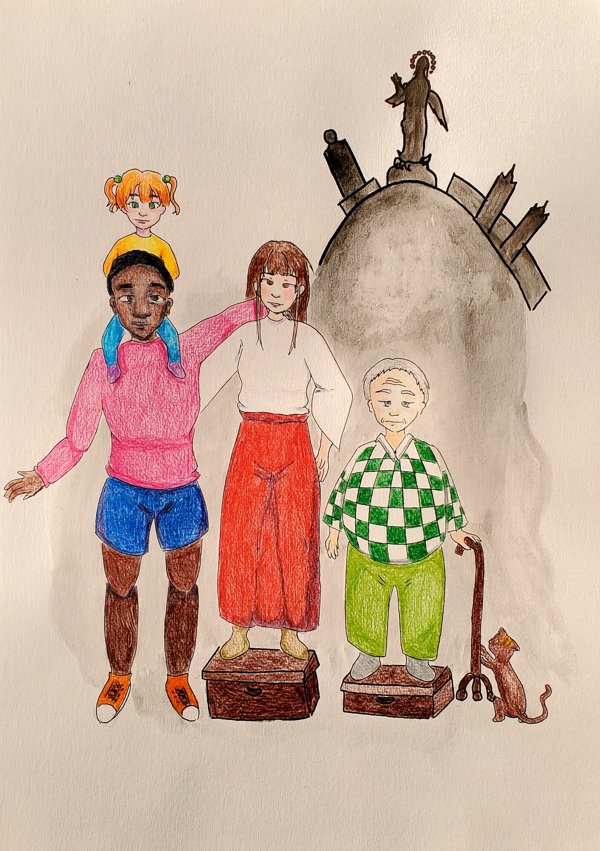 Ilustración hecha a mano que muestra un grupo de personas de distintas características con un par de valijas
