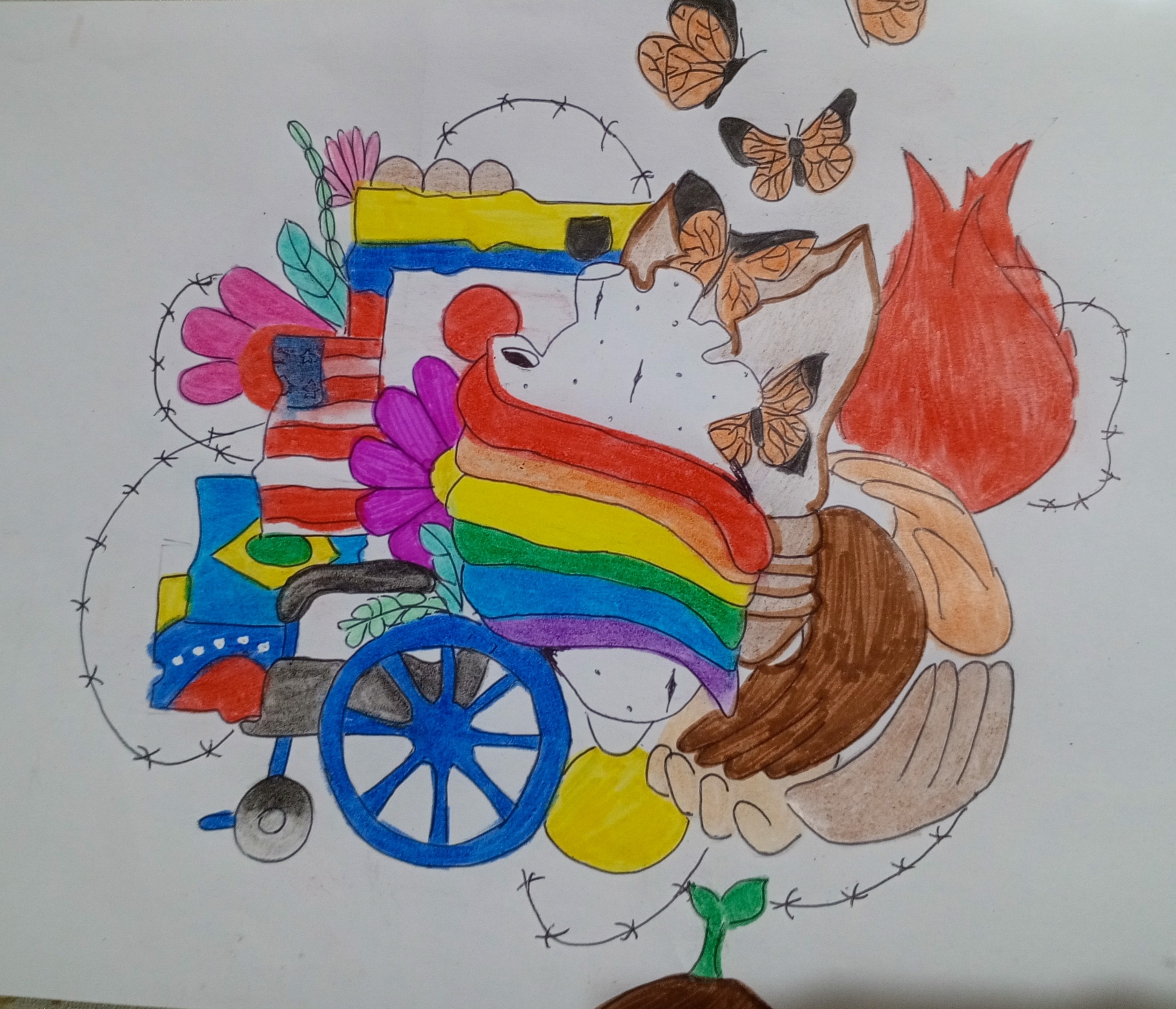 Ilustración hecha a mano que, en el centro, muestra un corazón con una bandera de arcoíris, sobre una silla de ruedas de la que se asoman varias banderas de Latinoamérica