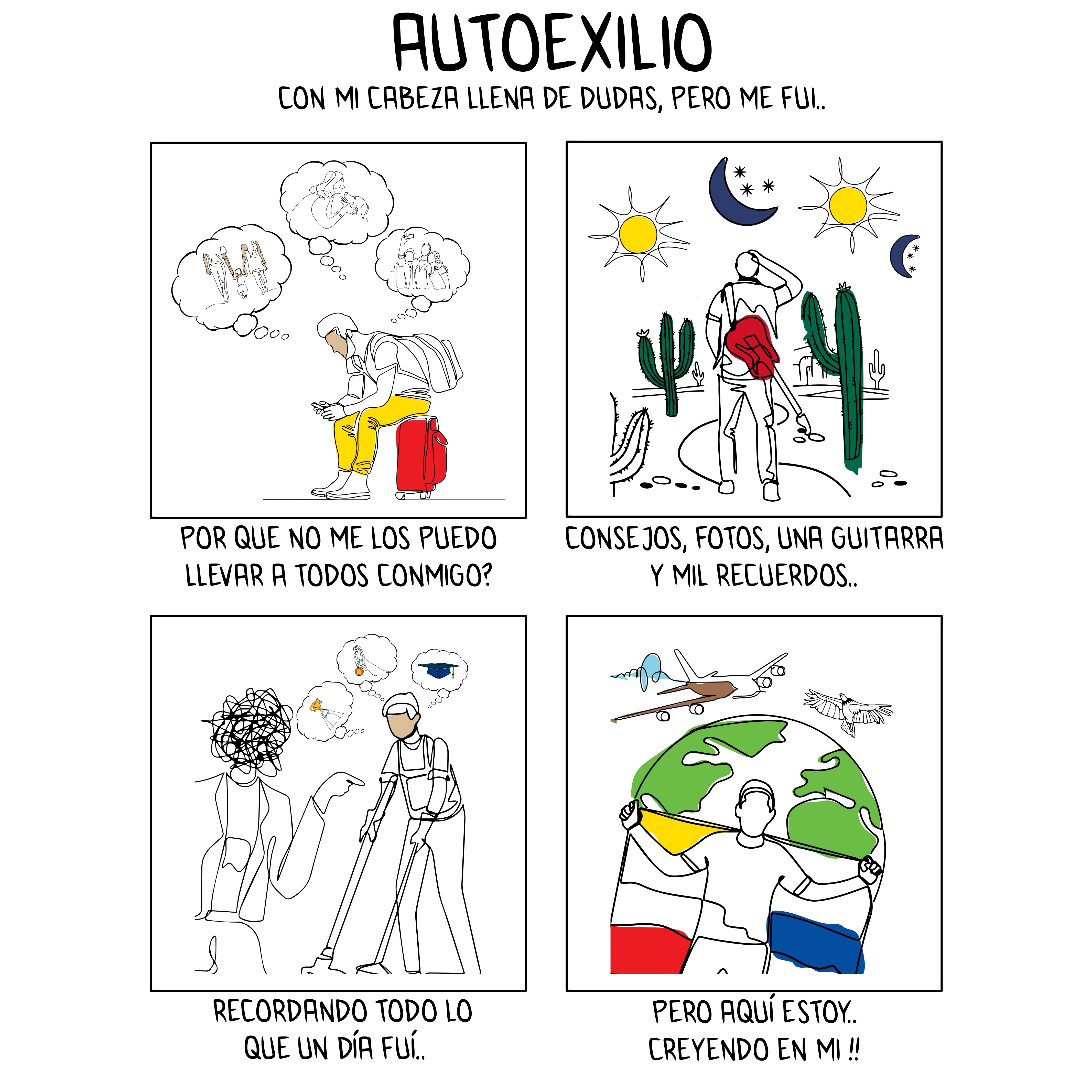 Minihistorieta ilustrada. En la primera imagen, una persona sentada sobre una valija pregúntandose por qué no puede llevar a su familia consigo. En la segunda, una persona caminando por un desierto con una guitarra en la espalda. En la tercera, una persona mayor recordando. En la cuarta, una persona mostrando una bandera; detrás suyo, el mundo , un avión y un ave.