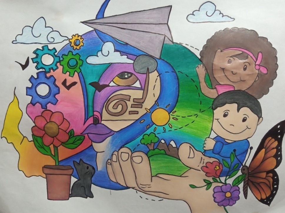 Ilustración hecha a mano que muestra varios elementos, como el rostro de una niña y de un niño, un avión de papel, un par de nubes y flores, una mariposa