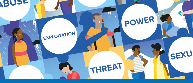 Illustration of various people with the words &quot;Exploitation&quot; &quot;Power&quot; &quot;Threat&quot; etc