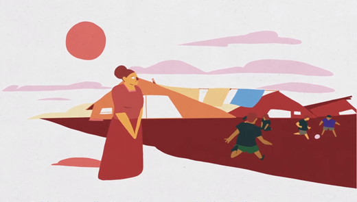 Ilustración de tonos rojizos en la que una mujer observa cómo un grupo de niños juega al fútbol