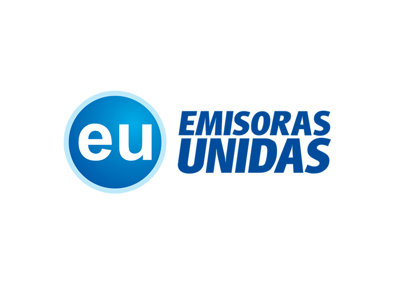 círculo azul con las letras EU dentro. A la derecha las palabras EMISORAS UNIDAS en azul