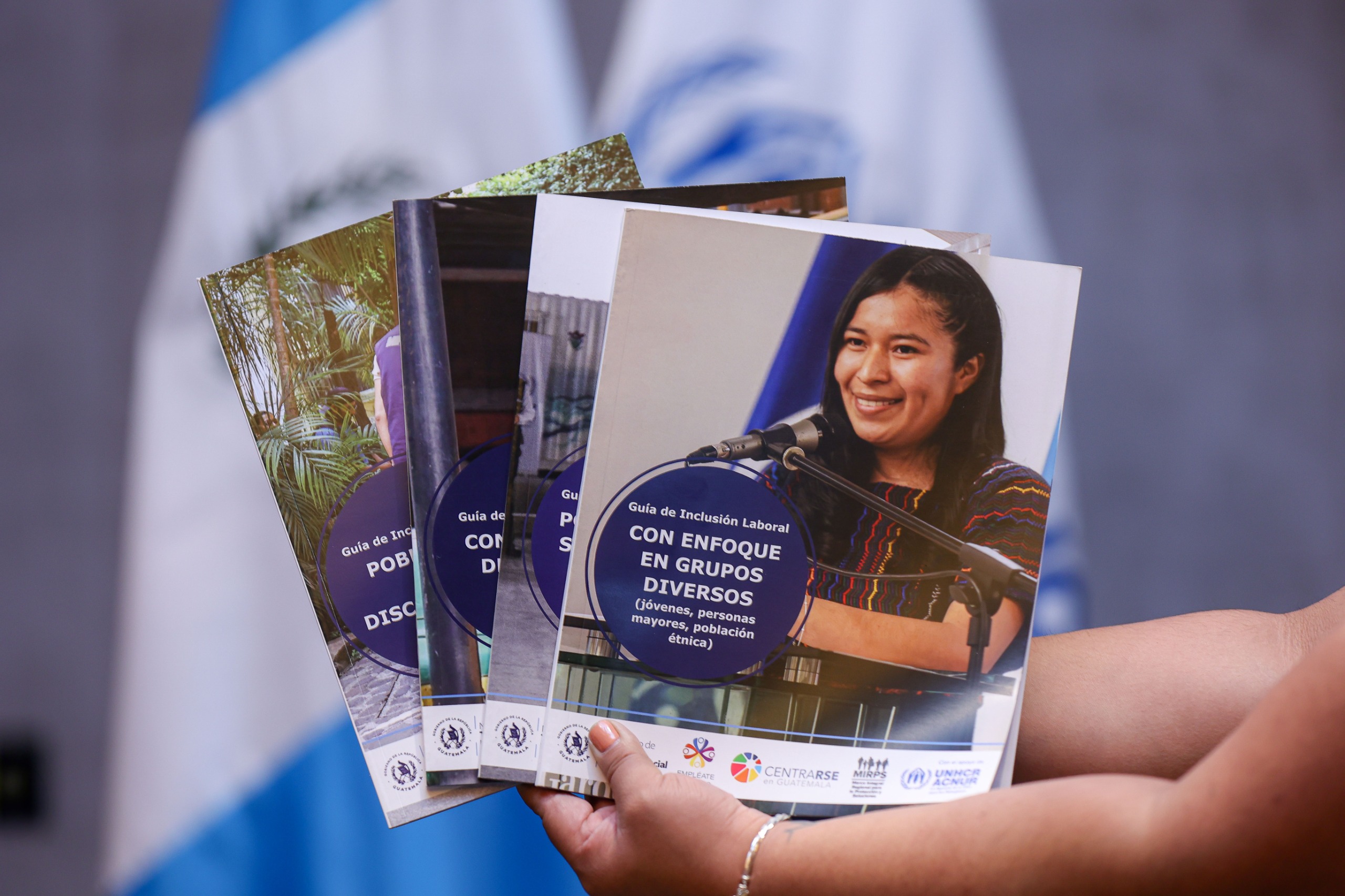 Fotografía de cuatro guías sobre inclusión laboral acomodadas como un abanico