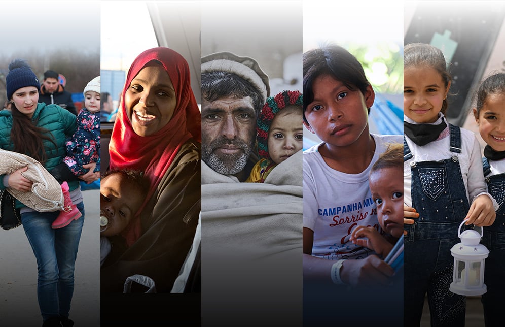 Collage de personas refugiadas y desplazadas, entre ellas, personas adultas, así como niñas y niños