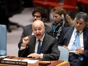 El Alto Comisionado de las Naciones Unidas para los Refugiados, Barham Salih, pronuncia su discurso ante el Consejo de Seguridad de la ONU, en Nueva York.