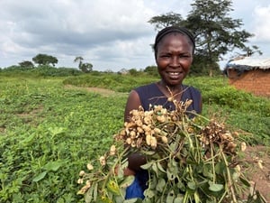 Una mujer está de pie frente a un campo con un manojo de plantas de cacahuate en las manos