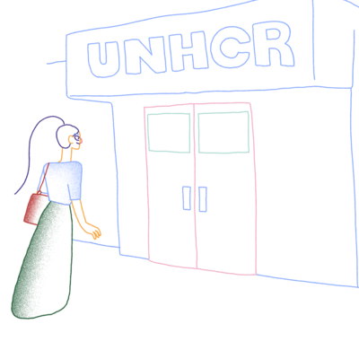 Illustration of a woman entering a UNHCR building.