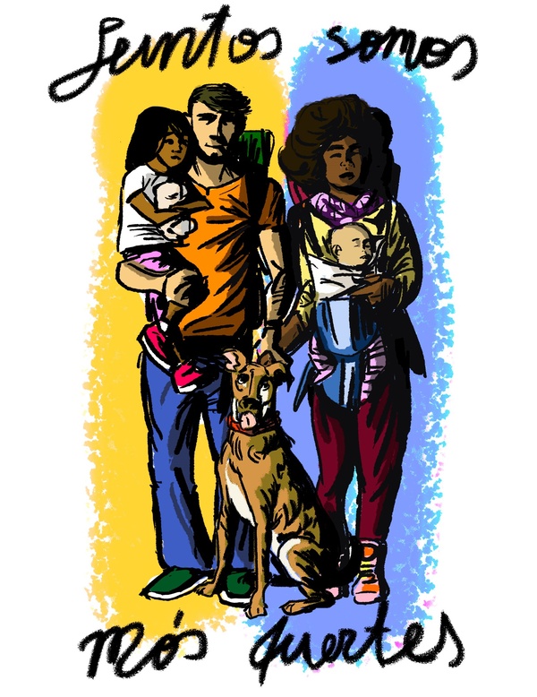 Ilustración hecha a mano que muestra una familia (un padre con una niña en brazos y una madre con un bebé en el pecho en medo, un perro), con texto que se lee "Juntos somos más fuertes"