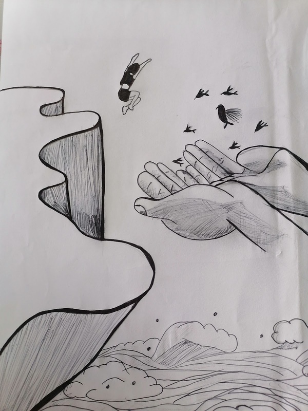 Ilustración hecha a mano que muestra un acantilado, una persona saltando al vacío, un grupo de pájaros y un par de manos como recibiendo a la persona que salta