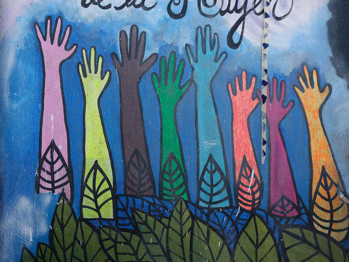 Mural en una escuela en Colombia que muestra ocho manos de diferentes colores; todas ellas nacen de una especie de arbusto, que está en la parte inferior del mural