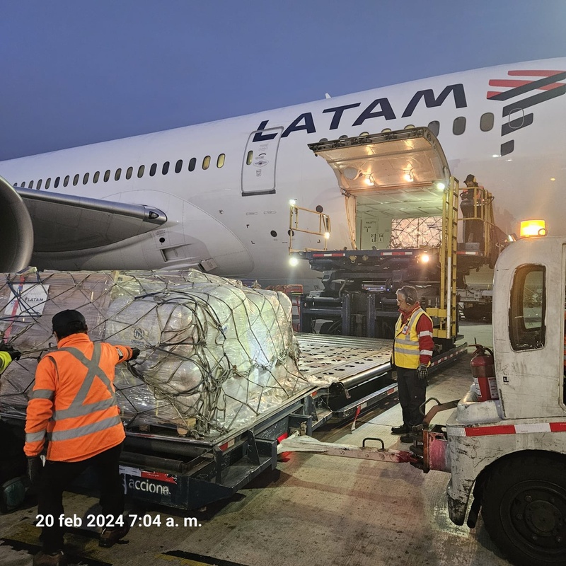 Personal del aeropuerto sube paquetes de ayuda a un avi&oacute;n de carga de LATAM