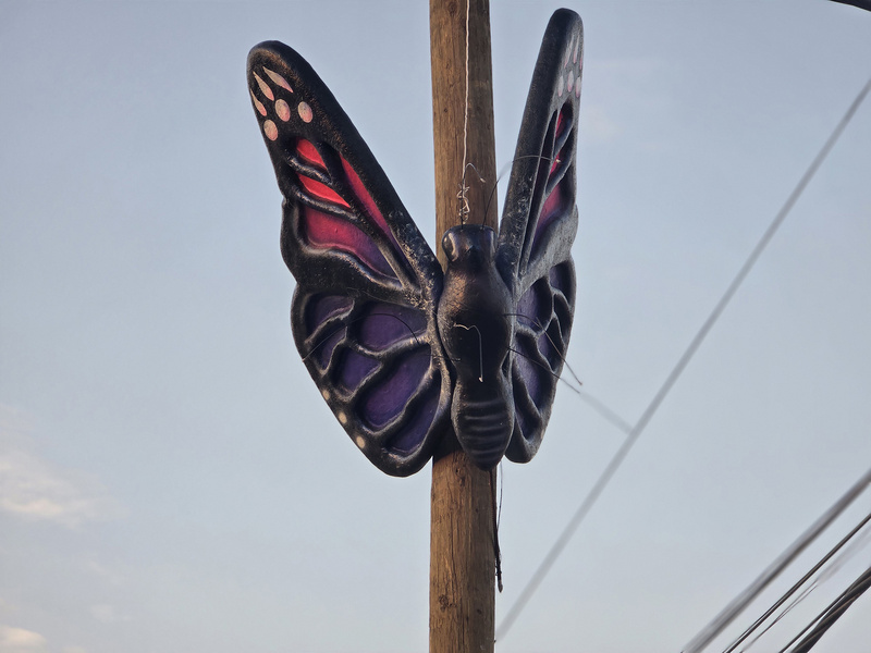 Escultura de una mariposa de colores colgada de un poste.