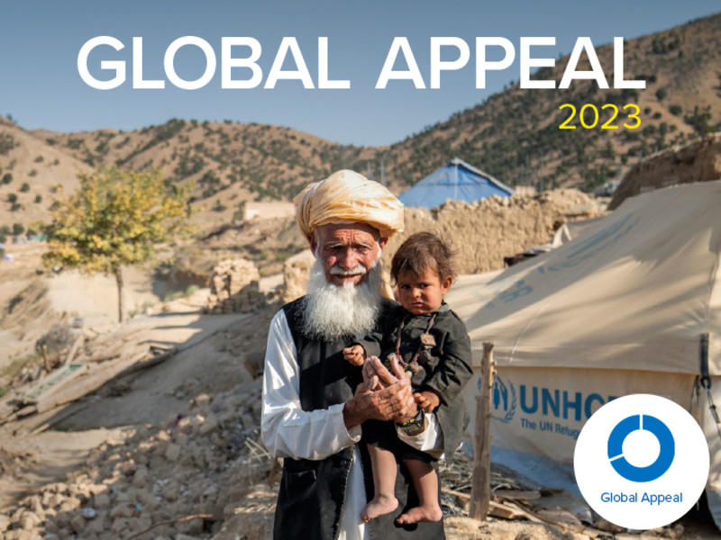 Cover or the 2023 Global Appeal report, featuring a photo of a man holding a small child. 