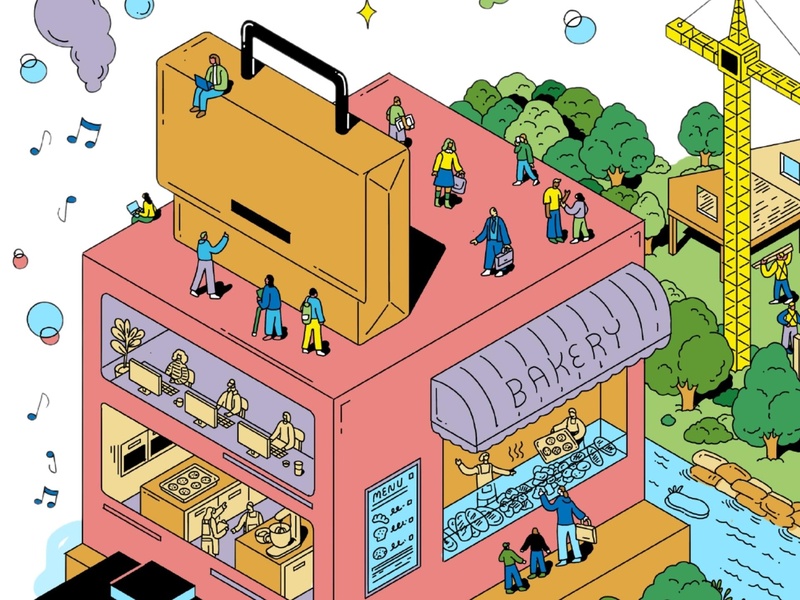 Ilustración de una enorme maleta encima de una panadería, rodeada de personas.