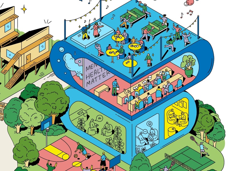 Ilustración de una azotea donde las personas cantan y bailan juntas. Debajo de ellas hay un aula, en la pizarra se lee “La salud mental importa”.