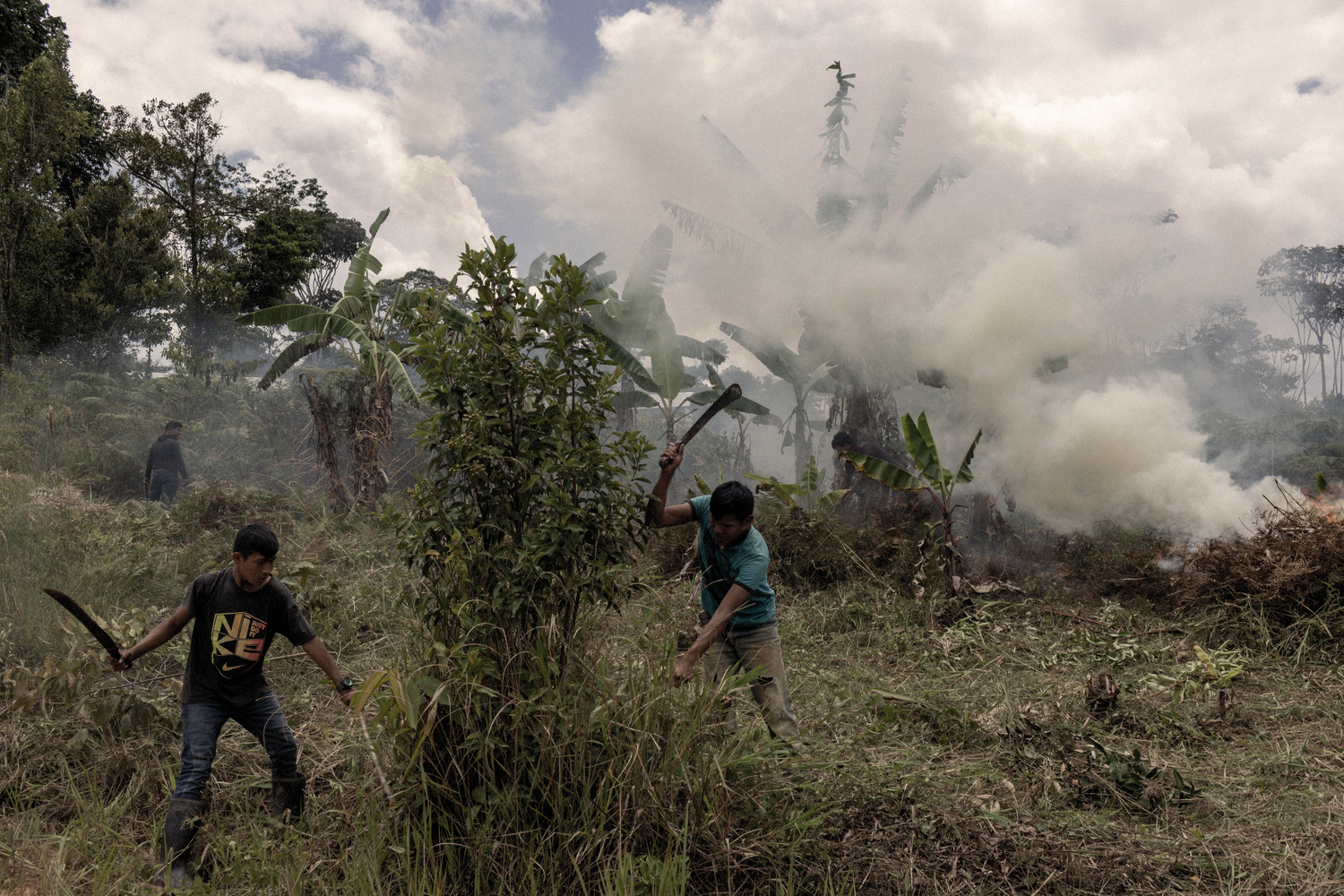 Jóvenes limpian la vegetación con machetes mientras arde fuego en el fondo