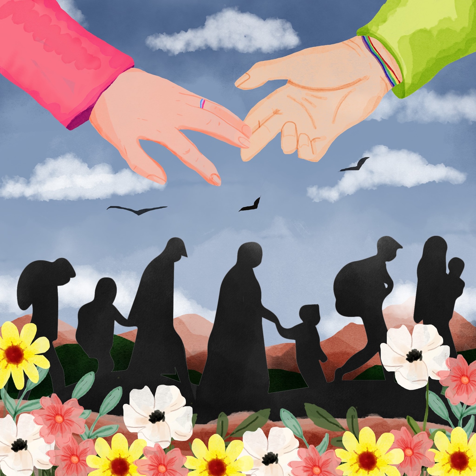 Ilustración que, en la parte superior, muestra un par de manos que se entrelazan y, en la parte inferior, muestra flores y un grupo de siluetas que caminan por un campo