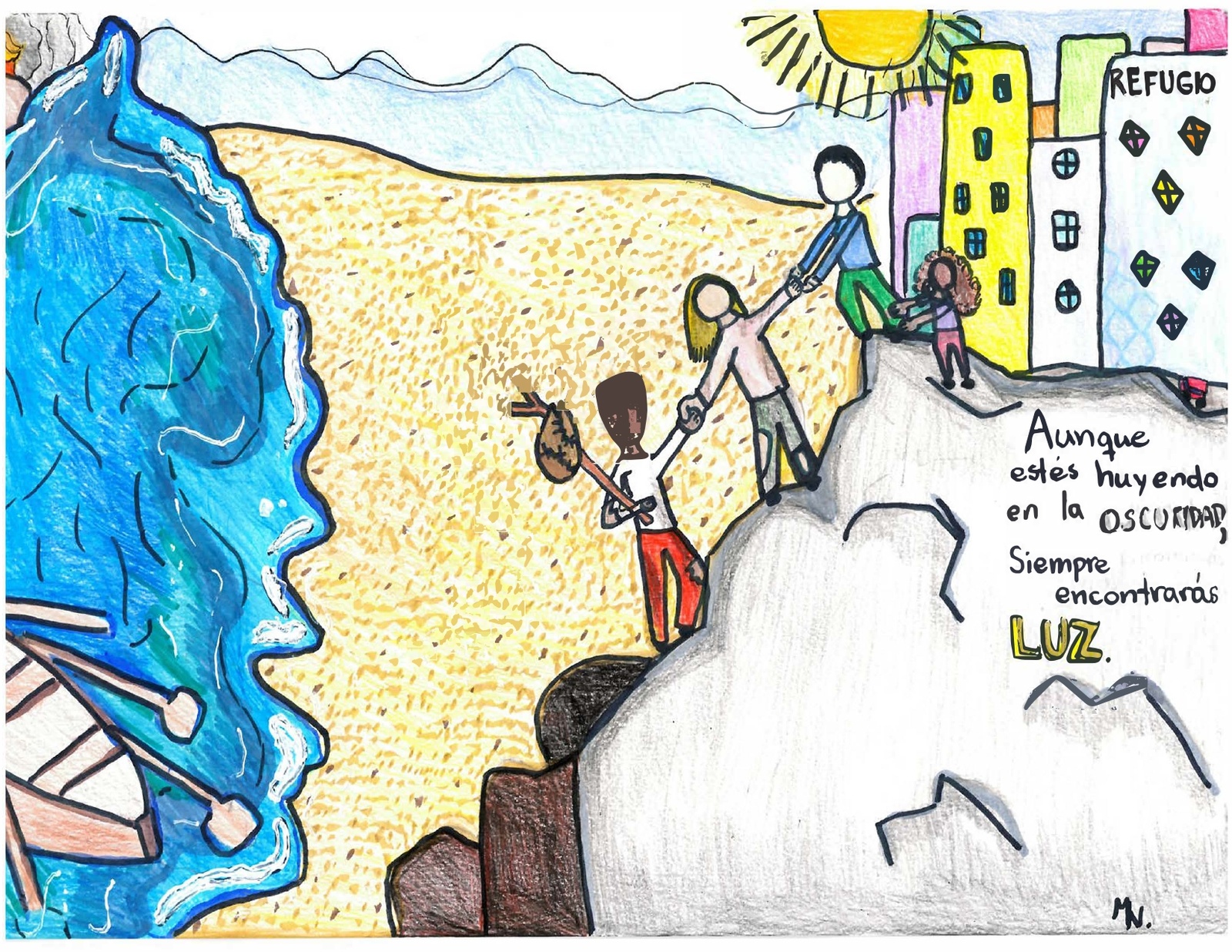 Ilustración hecha a mano que, del lado izquierda, muestra el mar (con una lancha y remos cerca de la orilla) y, del lado derecho, muestra un grupo de personas que se ayudan a escalar una montaña que lleva a una ciudad
