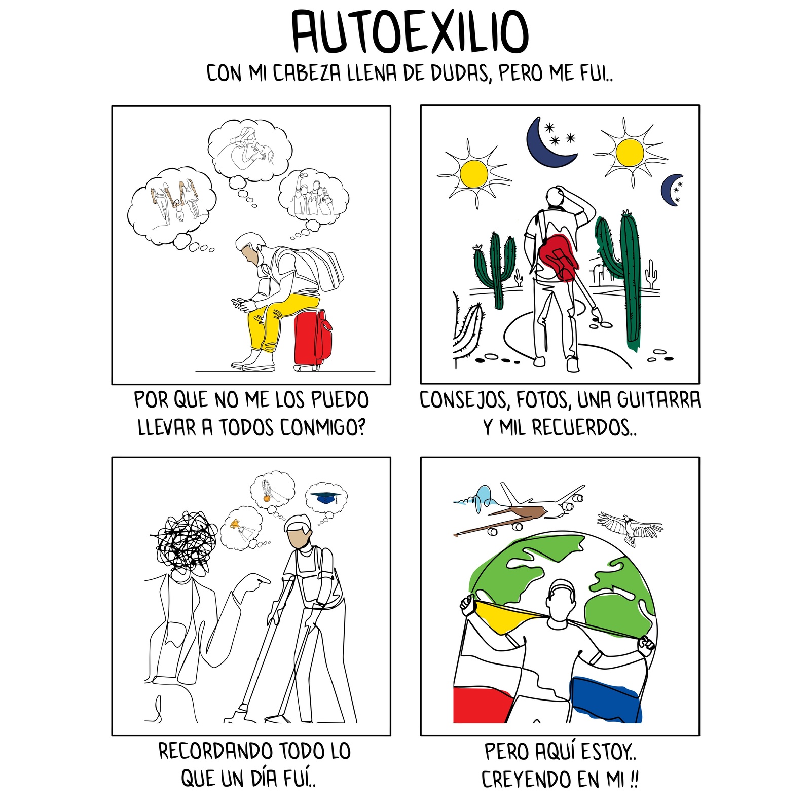 Minihistorieta ilustrada. En la primera imagen, una persona sentada sobre una valija pregúntandose por qué no puede llevar a su familia consigo. En la segunda, una persona caminando por un desierto con una guitarra en la espalda. En la tercera, una persona mayor recordando. En la cuarta, una persona mostrando una bandera; detrás suyo, el mundo , un avión y un ave.