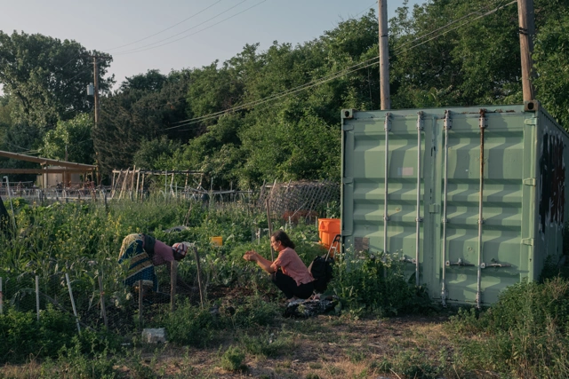 Dos mujeres trabajan la tierra en una parcela llena de vegetación