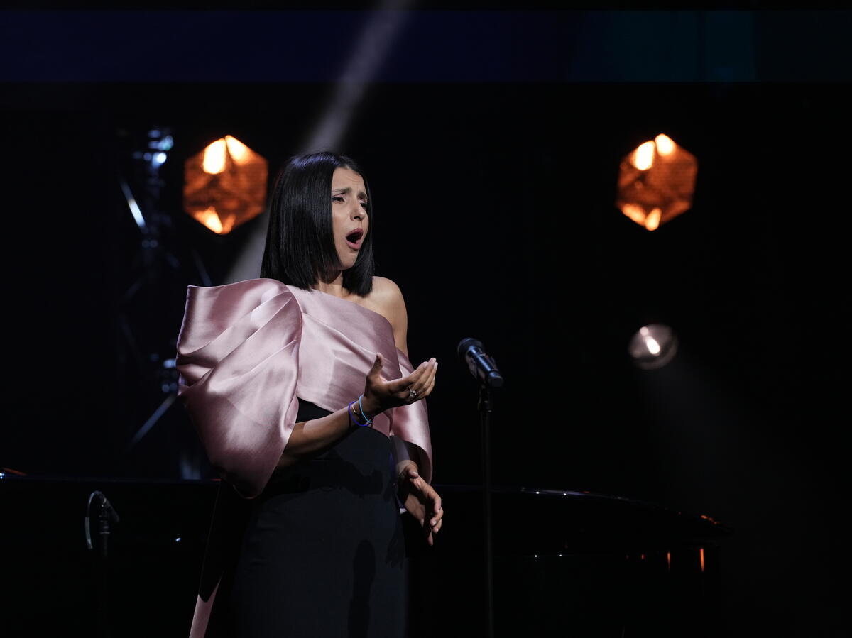 Una mujer con un vestido de noche rosa canta en el escenario