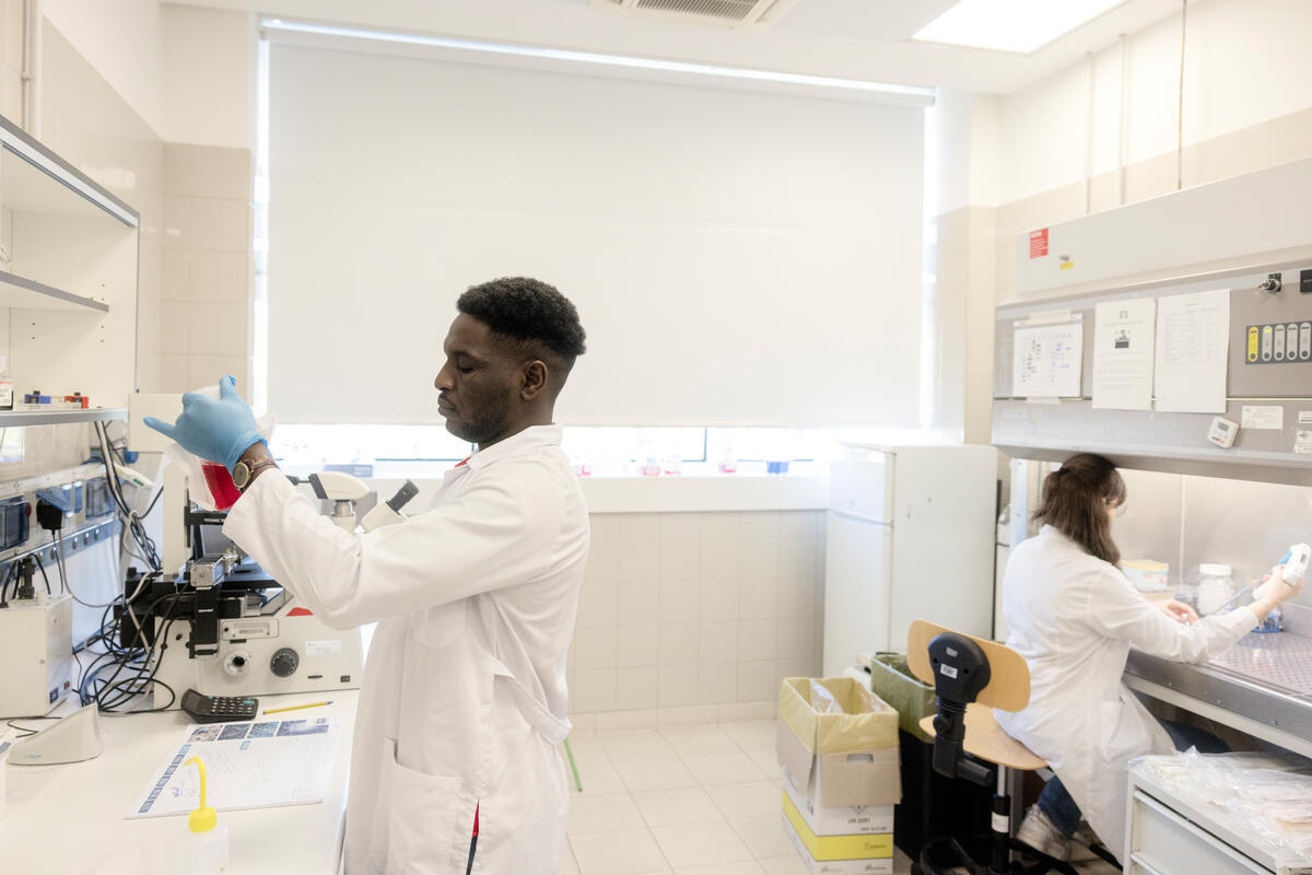 Dos personas de bata blanca trabajando en un laboratorio.