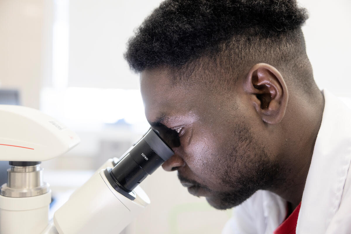 Una persona mirando en un microscopio.