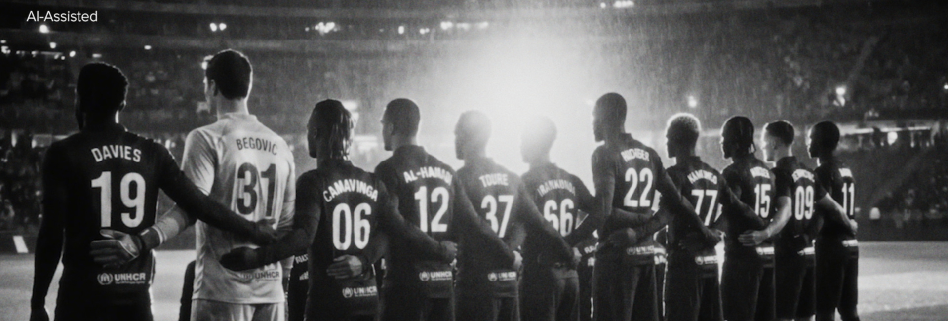Imagen generada por IA de un equipo de fútbol alineado en el campo dentro de un estadio muy iluminado