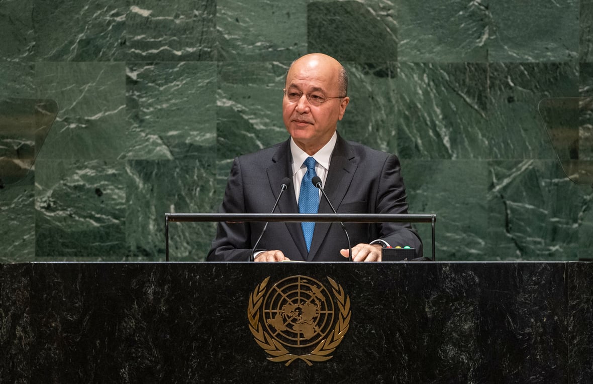 Barham Salih se dirige a la Asamblea General de la ONU, en Nueva York, en 2019.