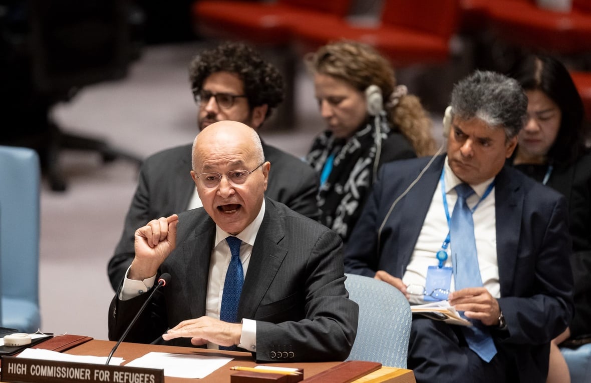 El Alto Comisionado de las Naciones Unidas para los Refugiados, Barham Salih, pronuncia su discurso ante el Consejo de Seguridad de la ONU, en Nueva York.