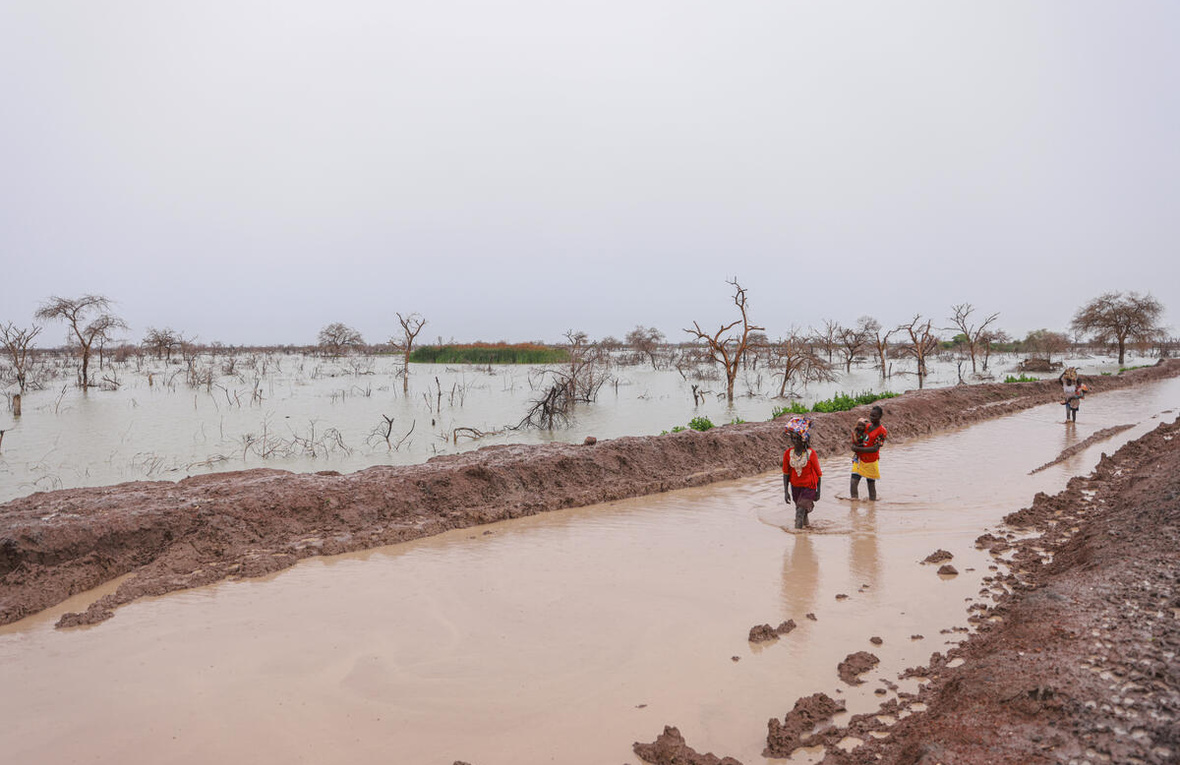 Personas desplazadas por las inundaciones transportan a niños y pertenencias por una carretera anegada.