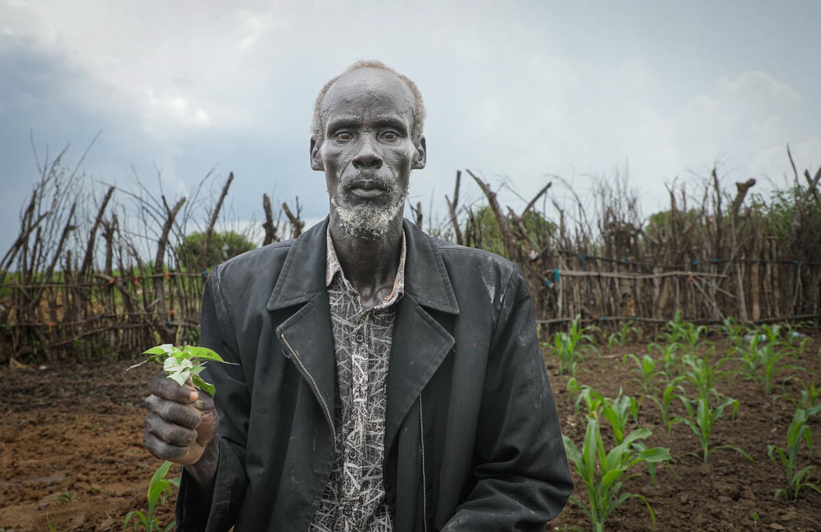 Un hombre mayor posa para una foto mostrando una planta en un campo de cultivo.