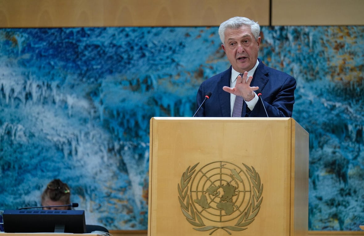 El Alto Comisionado de las Naciones Unidas para los Refugiados, Filippo Grandi, durante su discurso de apertura en la 76 sesión anual del Comité Ejecutivo en el Palais des Nations, en Ginebra. 