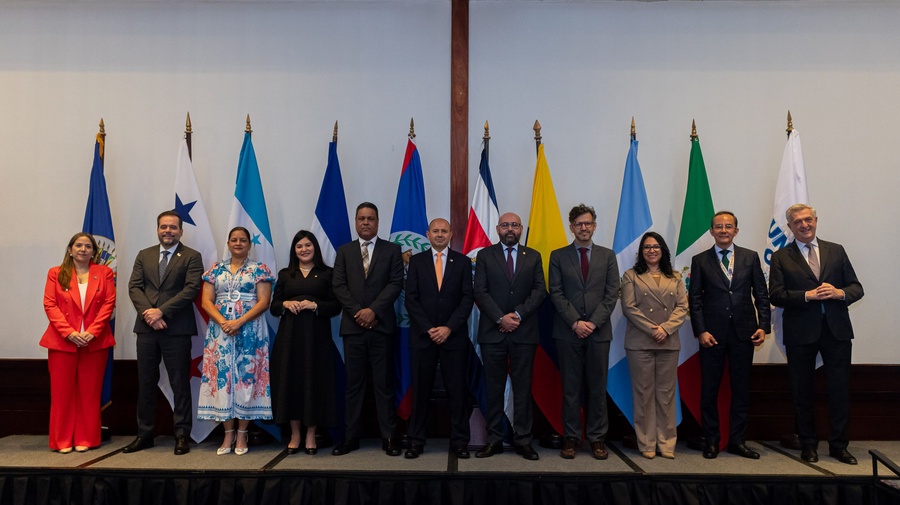 Siete hombre y tres mujeres con vestimenta formal posan de pie frente a las 10 banderas de los países y organizaciones que representan