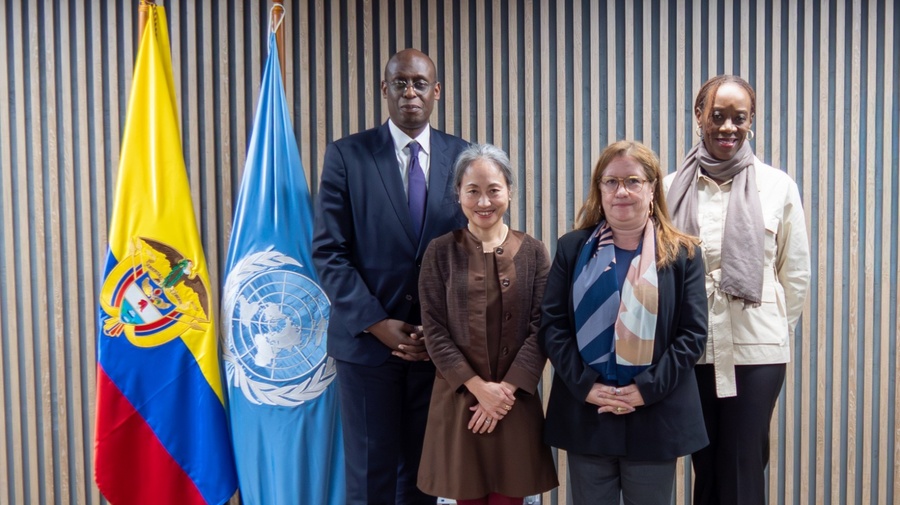 Un hombre y tres mujeres posan para una foto de grupo institucional al lado de las bandares de Colombia y de la ONU.