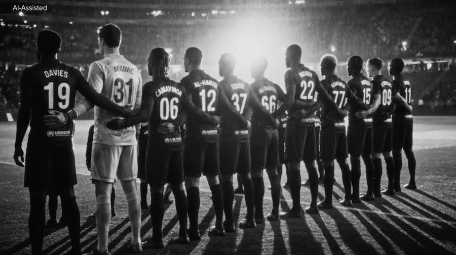 Imagen generada por IA de un equipo de fútbol alineado en el campo dentro de un estadio muy iluminado