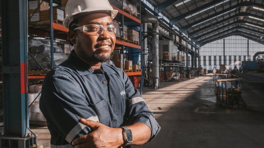 Un hombre con casco y gafas de protección posa para la cámara en un almacen industrial.